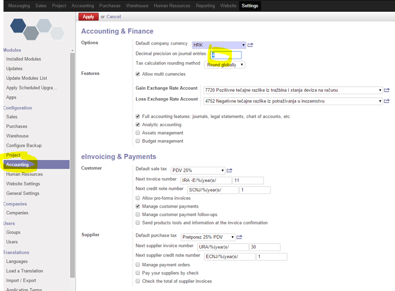 Change Odoo decimal precision configuration